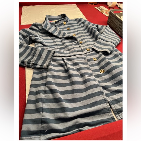 Matilda Jane blue striped PEA trench COAT Button up Stretch Knit Cotton women M - Picture 6 of 9